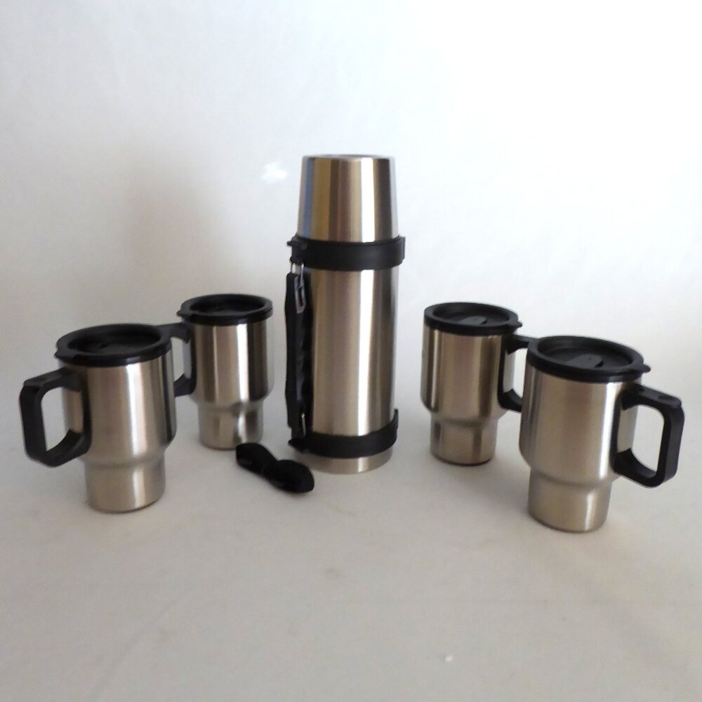 NEW STAINLESS STEEL THERMOS & TRAVEL MUG 5 PIECE SET CAMPING OUTDOOR